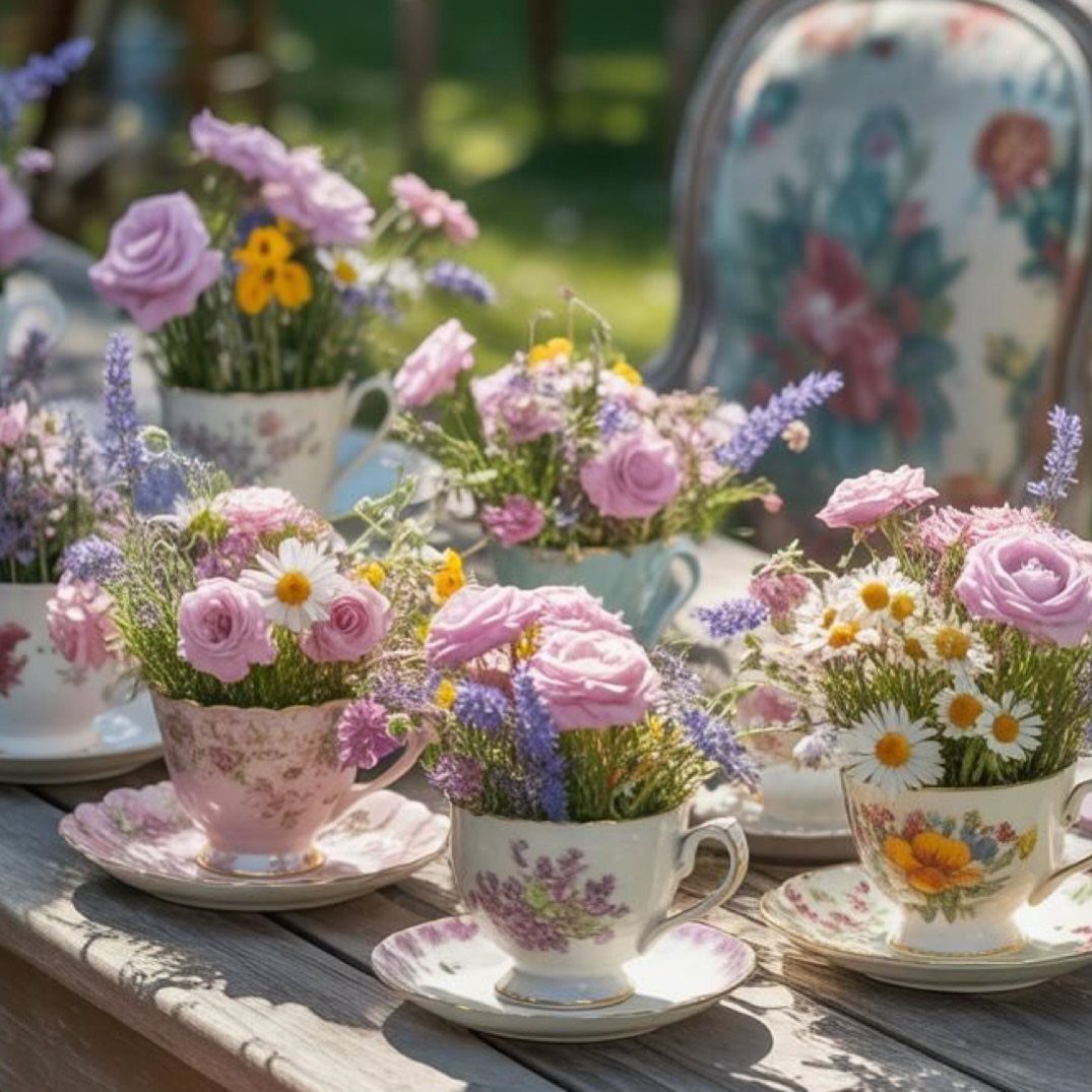 Vintage floral teacups filled with colorful spring flowers on a wooden outdoor table.