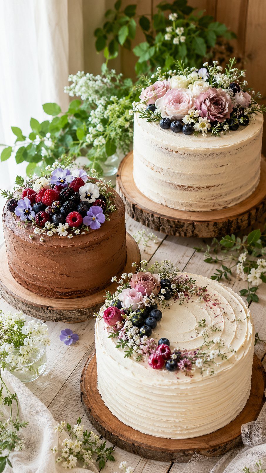Three rustic buttercream cakes topped with fresh berries and flowers on wooden slabs.