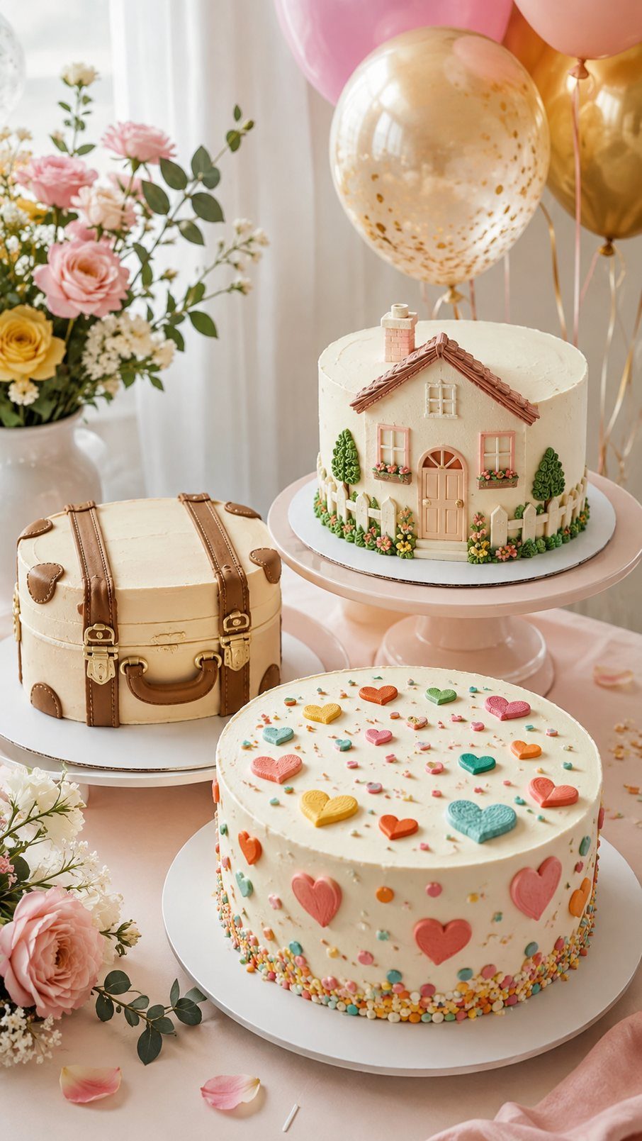 White cake decorated with colorful pastel fondant hearts and sprinkles on a table.