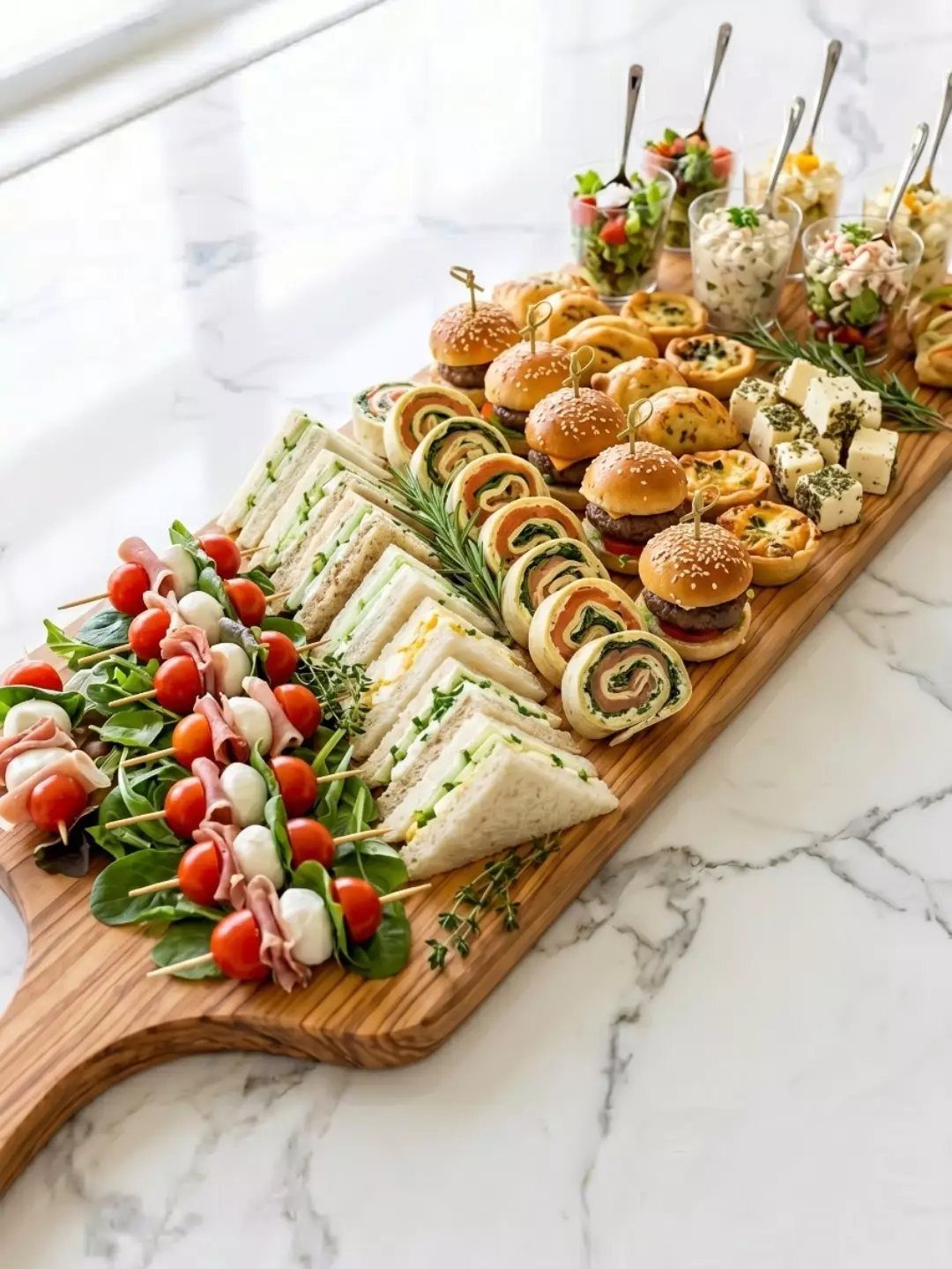 Assorted light snacks including sliders, sandwiches, and caprese skewers on a wooden platter.
