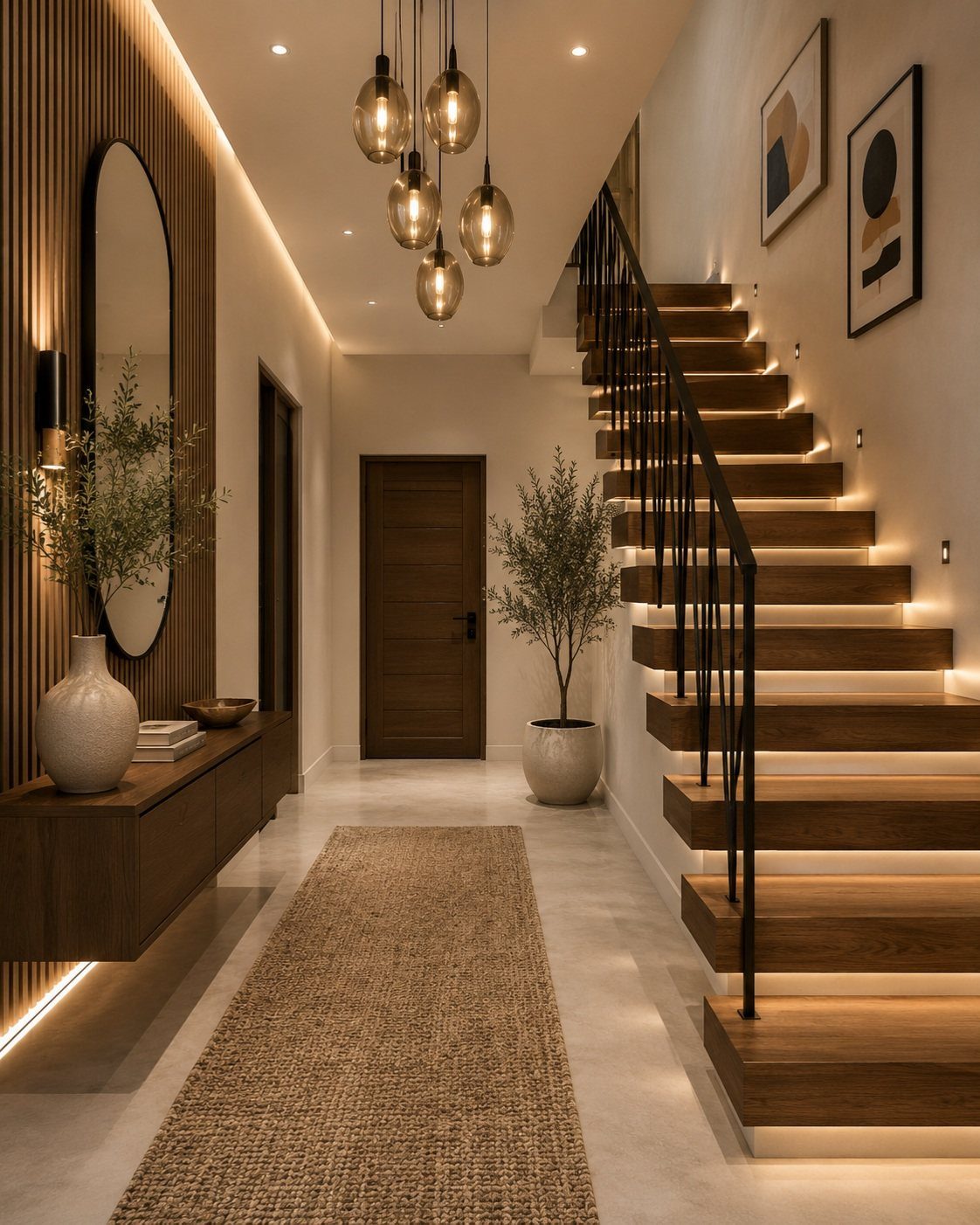 Modern home entryway with warm pendant lighting and illuminated wooden stairs.