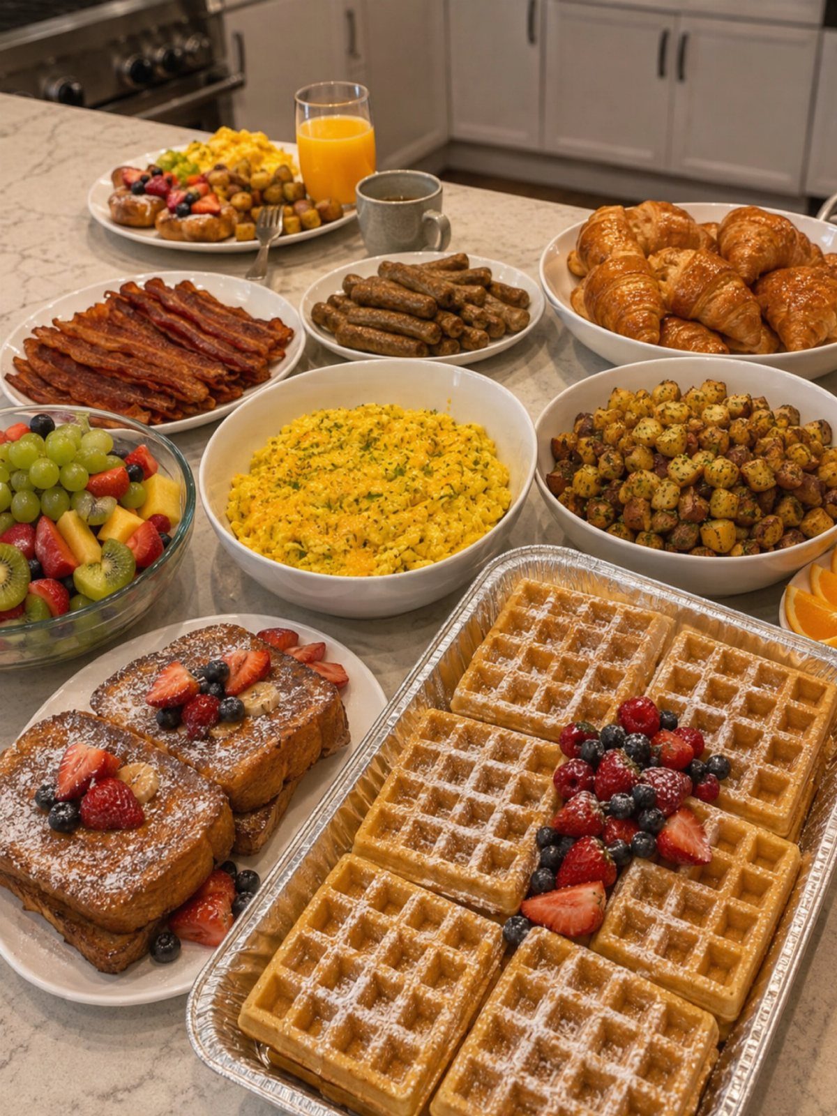 Breakfast spread with waffles, French toast, eggs, bacon, and fruit on a counter.